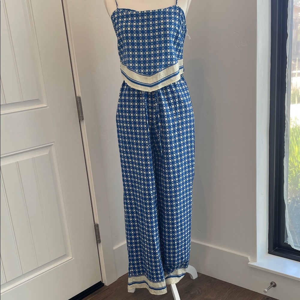 Sienna Sky Blue and Cream Printed Strapless Jumpsuit